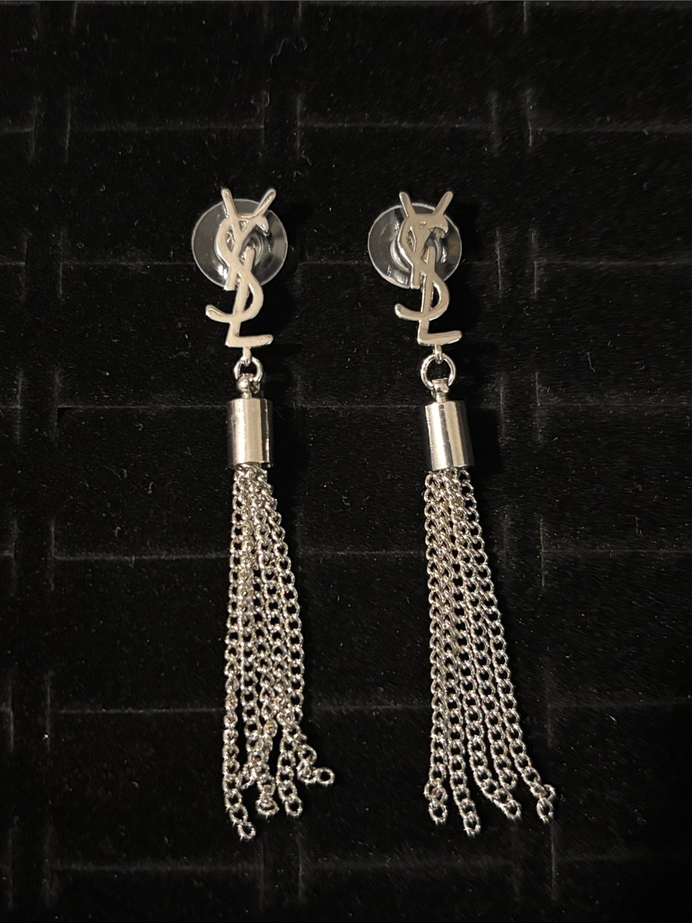 YSL Silver Logo Tassel Drop Earrings